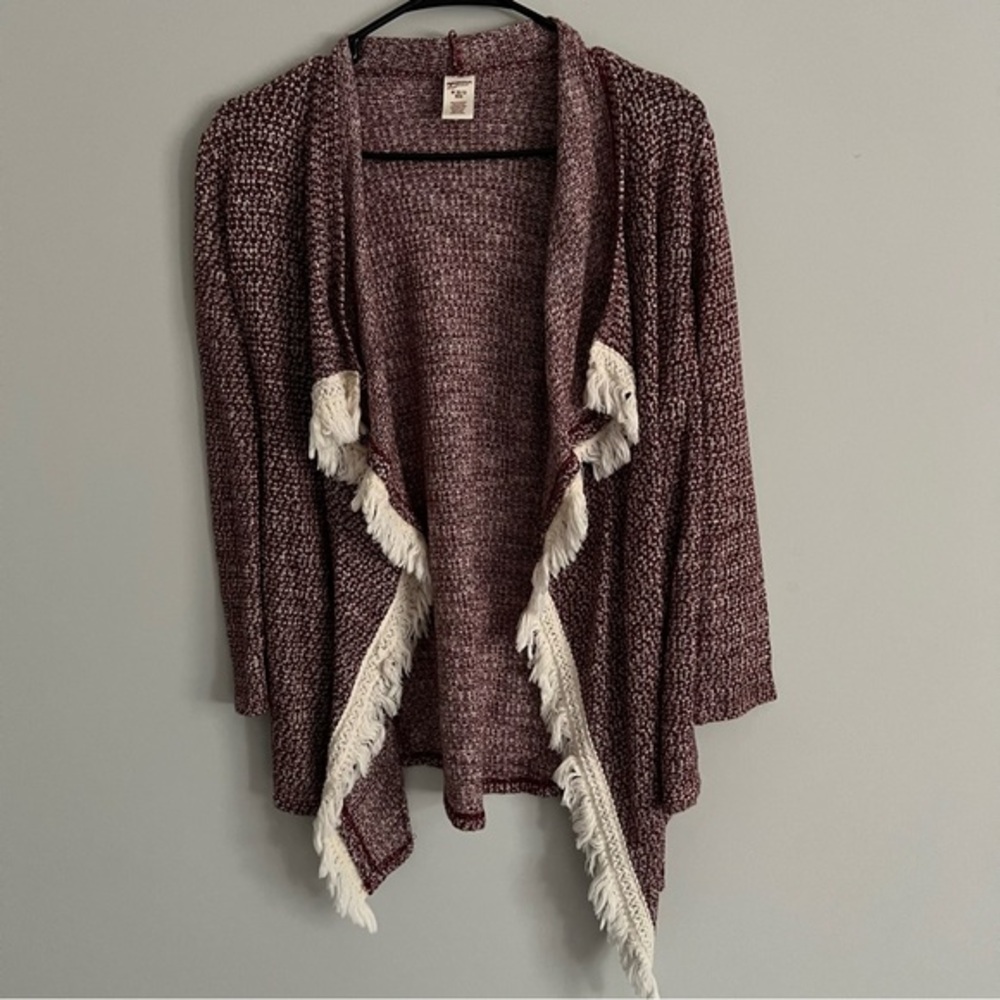 Arizona Jean Co. Burgundy Knit Open Front Fringe Detailed Long Sleeve Cardigan